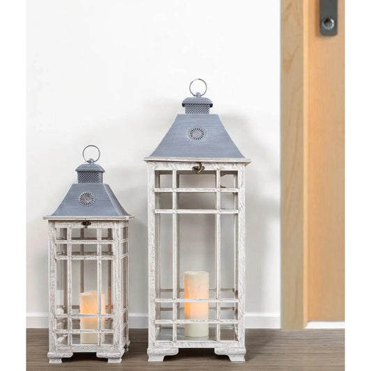 Set of Two White and Silver Distressed Geometric Metal Floor Lamps - Loft&Timber