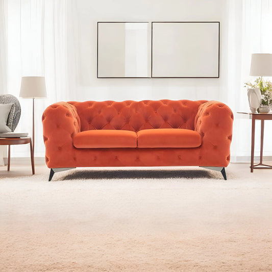 HMS 74" Orange and Silver Velvet Chesterfield Loveseat - Loft&Timber
