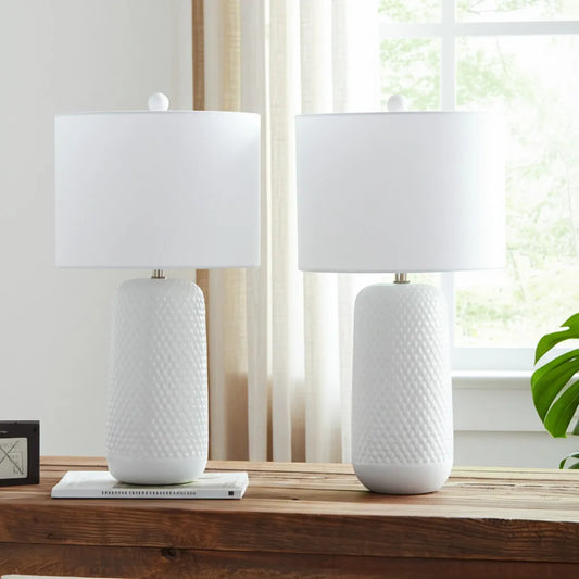 Set of Two 30" White Textured Ceramic Table Lamps with White Drum Shades HMS Design - Loft&Timber
