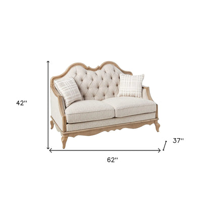 HMS 62" Beige and Brown Linen Chesterfield Loveseat and Toss Pillows - Loft&Timber
