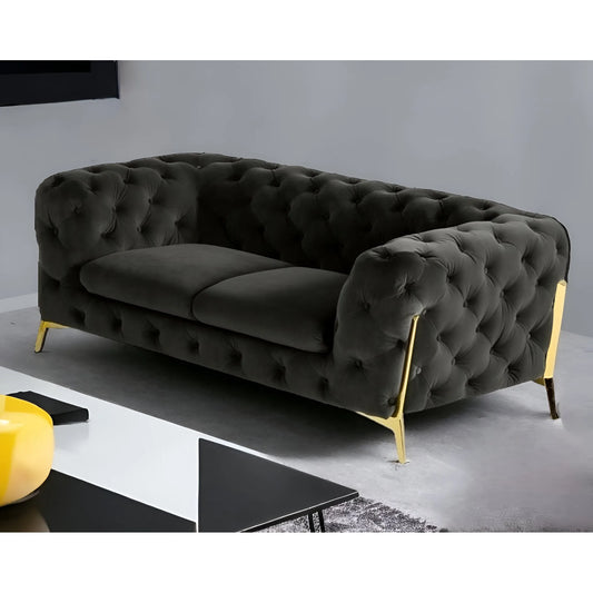 HMS 74" Dark Gray and Gold Velour Chesterfield Loveseat - Loft&Timber