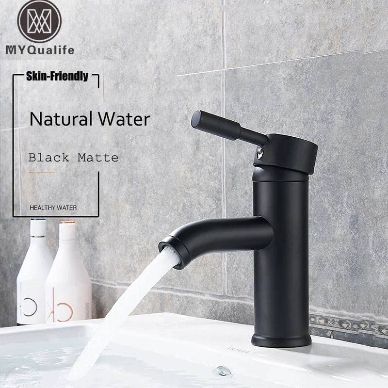 Matte Black Single Handle Cold Hot Water Basin Faucet - Loft&Timber