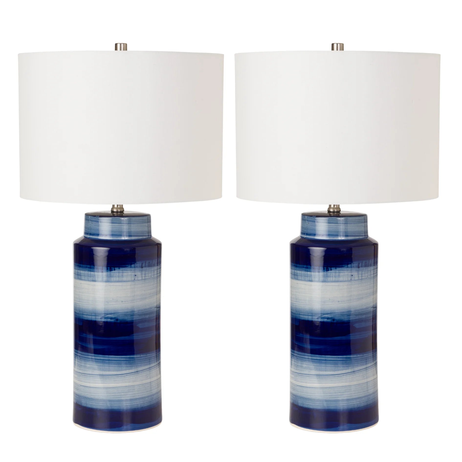 HMS Set of Two 30" Ceramic Cylinder Table Lamps Blue and White with White Drum Shade - Loft&Timber