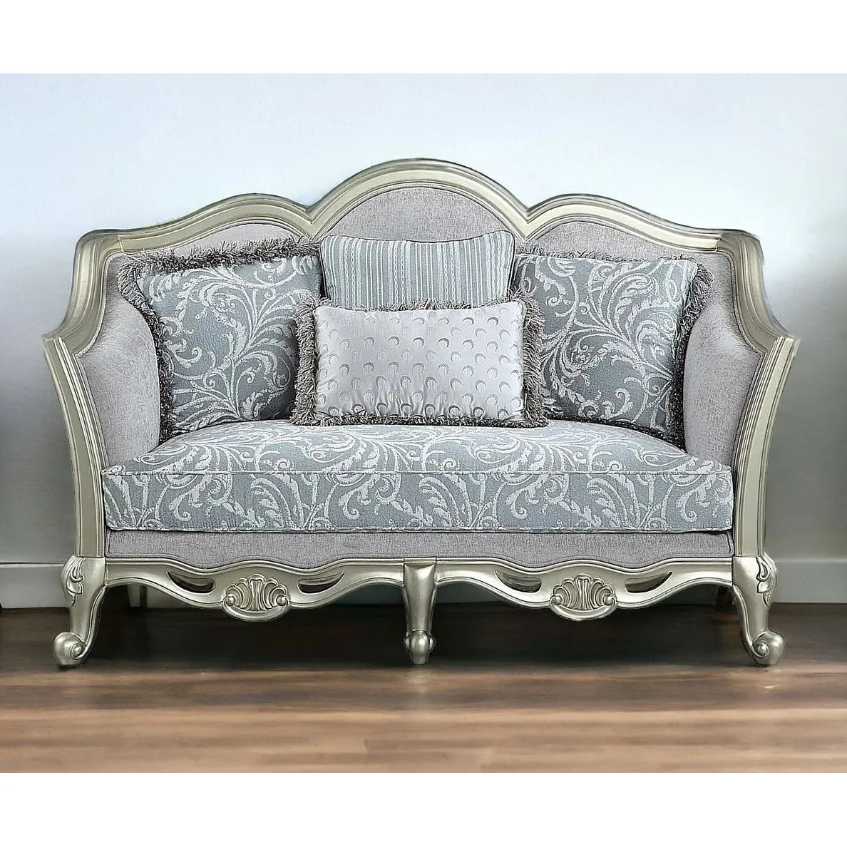 HMS 66" Light Gray and Champagne Damask Loveseat and Toss Pillows - Loft&Timber