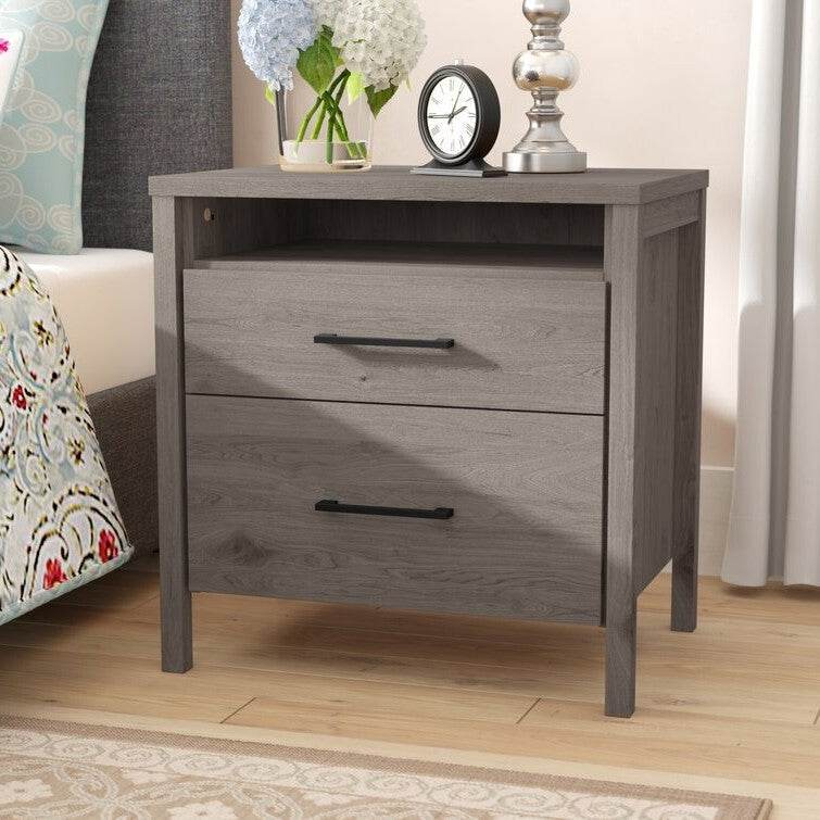 Modern Grey 2 Drawer Nightstand Cubby Storage Shelf - Loft&Timber