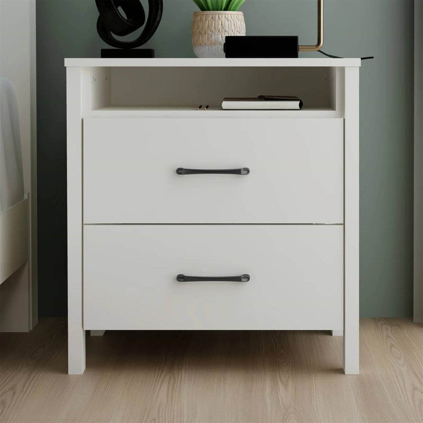 Modern 2-Drawer Nightstand with Open Shelf in Ivory Wood Finish - Loft&Timber