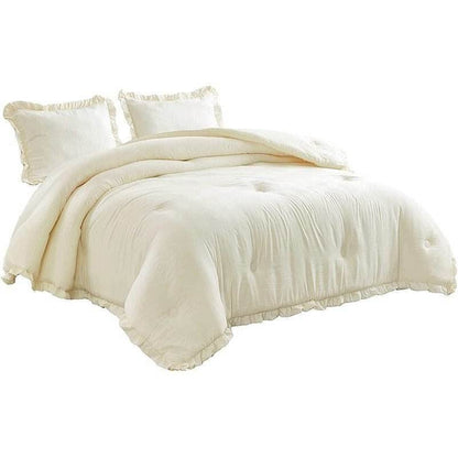 Oversized Queen Ivory Microfiber 3-Piece Comforter Set with Ruffled Edge Trim - Loft&Timber