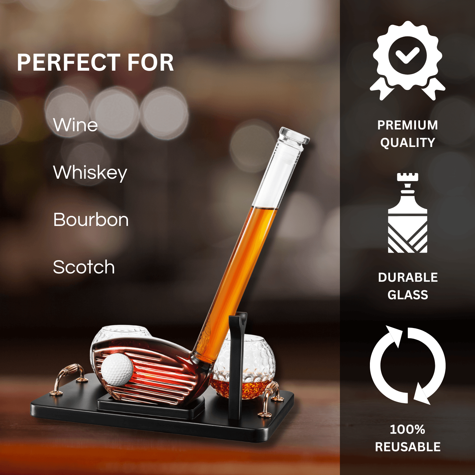 Golf Club Whiskey Decanter and 2 Liquor Glasses - 29 OZ Decanter & 15 OZ Glass Set - Golf Stick Gifts for Men, Unique Liquor Decanter Set - Bourbon, Scotch Decanter for Alcohol, Golfer Gifts for Dad - Loft&Timber