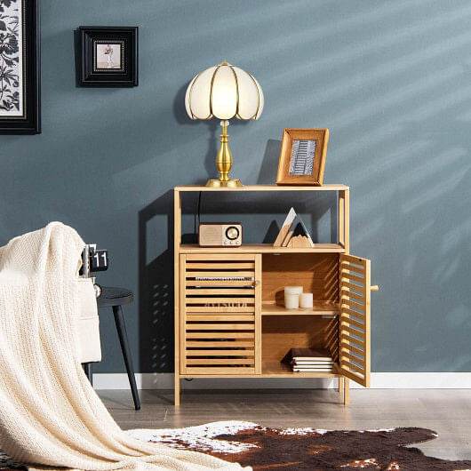 Bamboo Bathroom Floor Storage Cabinet with Shutter Doors-Natural - Loft&Timber