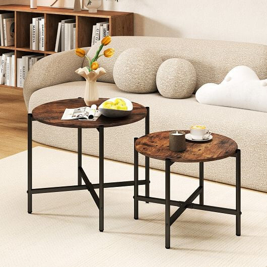 Round Coffee Table Set of 2 with Heavy-Duty Metal Frame-Rustic Brown-0