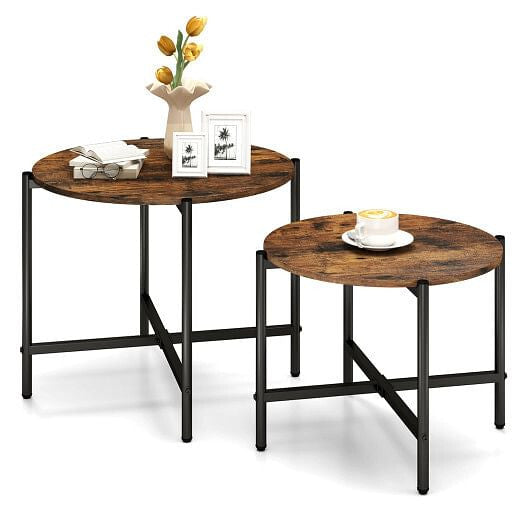 Round Coffee Table Set of 2 with Heavy-Duty Metal Frame-Rustic Brown-2