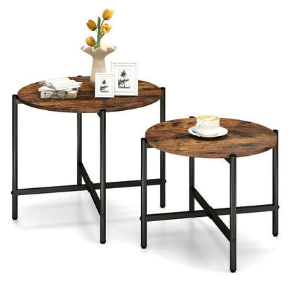 Round Coffee Table Set of 2 with Heavy-Duty Metal Frame-Rustic Brown-2
