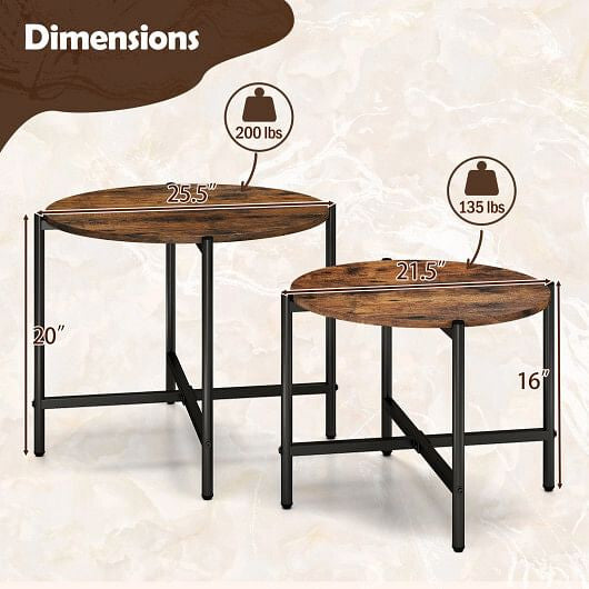 Round Coffee Table Set of 2 with Heavy-Duty Metal Frame-Rustic Brown-3