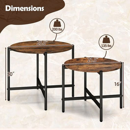 Round Coffee Table Set of 2 with Heavy-Duty Metal Frame-Rustic Brown-3