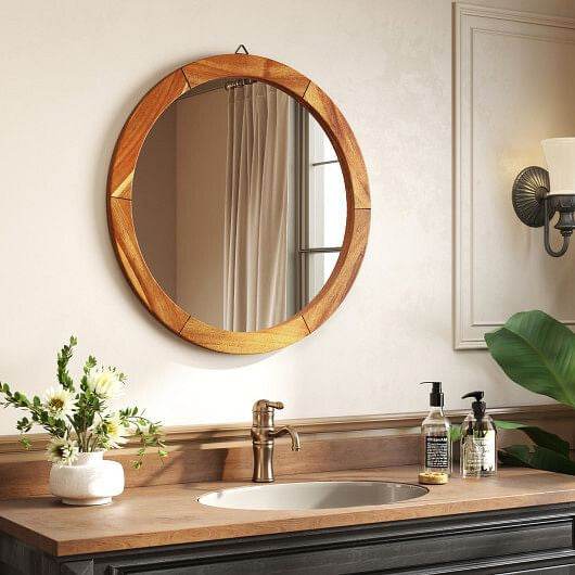 27 Inch Round Wall Mirror with Solid Acacia Wood Frame-Brown - Loft&Timber