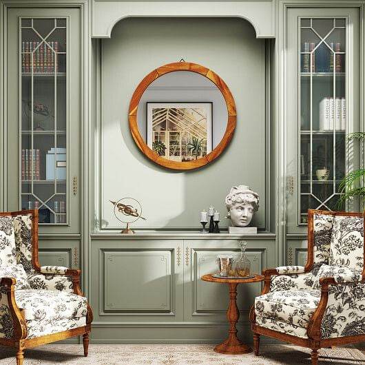 27 Inch Round Wall Mirror with Solid Acacia Wood Frame-Brown - Loft&Timber