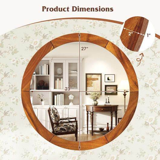27 Inch Round Wall Mirror with Solid Acacia Wood Frame-Brown - Loft&Timber