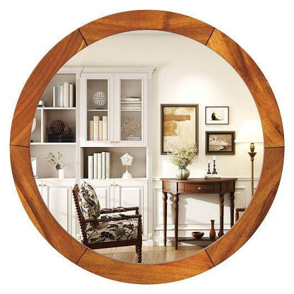 27 Inch Round Wall Mirror with Solid Acacia Wood Frame-Brown - Loft&Timber