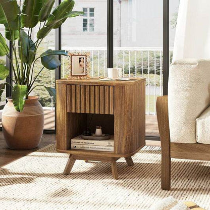 Mid-century Wood Nightstand with Drawer and Open Shelf-Walnut - Loft&Timber