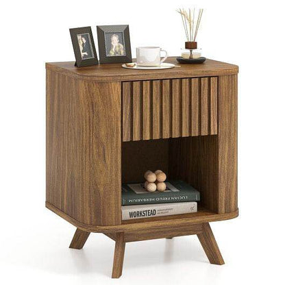 Mid-century Wood Nightstand with Drawer and Open Shelf-Walnut - Loft&Timber