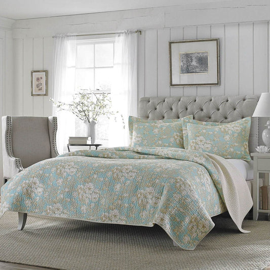 King size 3-Piece Reversible Cotton Quilt Set with Seafoam Blue Beige Floral Pattern - Loft&Timber