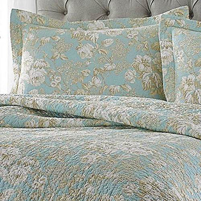 King size 3-Piece Reversible Cotton Quilt Set with Seafoam Blue Beige Floral Pattern - Loft&Timber