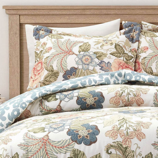 King/Cal King Floral Country Cottage Blue Green Coral Beige Comforter Set - Loft&Timber