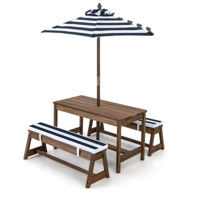 Kids Outdoor Wooden Picnic Table Bench Chairs Cushions Umbrella Set Navy/White - Loft&Timber