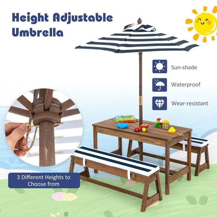 Kids Outdoor Wooden Picnic Table Bench Chairs Cushions Umbrella Set Navy/White - Loft&Timber