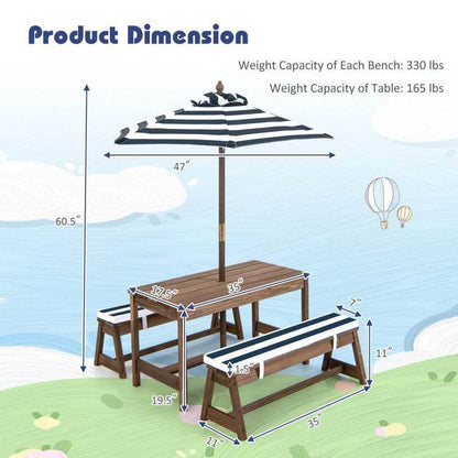 Kids Outdoor Wooden Picnic Table Bench Chairs Cushions Umbrella Set Navy/White - Loft&Timber