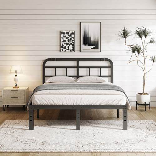 King Size Heavy Duty Black Metal Platform Bed Frame with Headboard - Loft&Timber