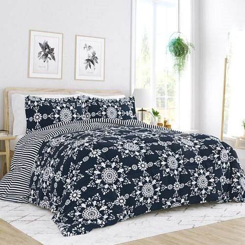 King size 3-Piece Navy Blue White Reversible Floral Striped Comforter Set - Loft&Timber