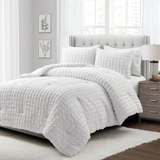 King Size Crinkled Textured 3 Piece Comforter Set White - Loft&Timber