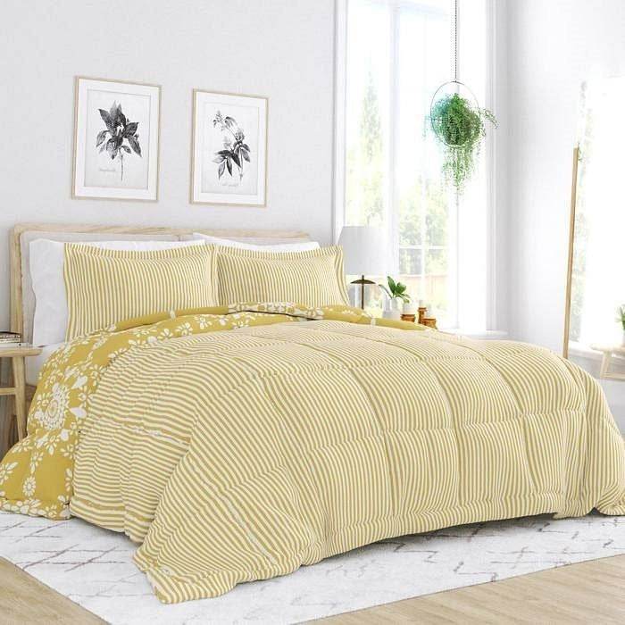 King Size 3 Piece Yellow Reversible Daisy Medallion Stripped Comforter Set - Loft&Timber