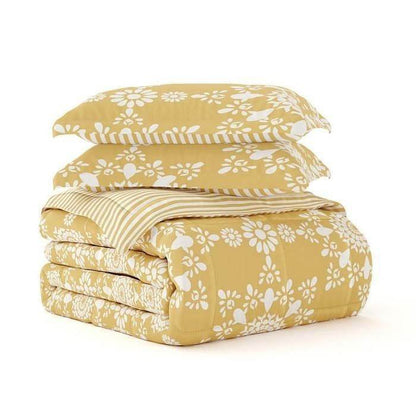 King Size 3 Piece Yellow Reversible Daisy Medallion Stripped Comforter Set - Loft&Timber