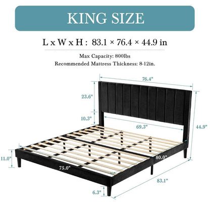 King size Black Velvet Upholstered Platform Bed Frame with Headboard - Loft&Timber