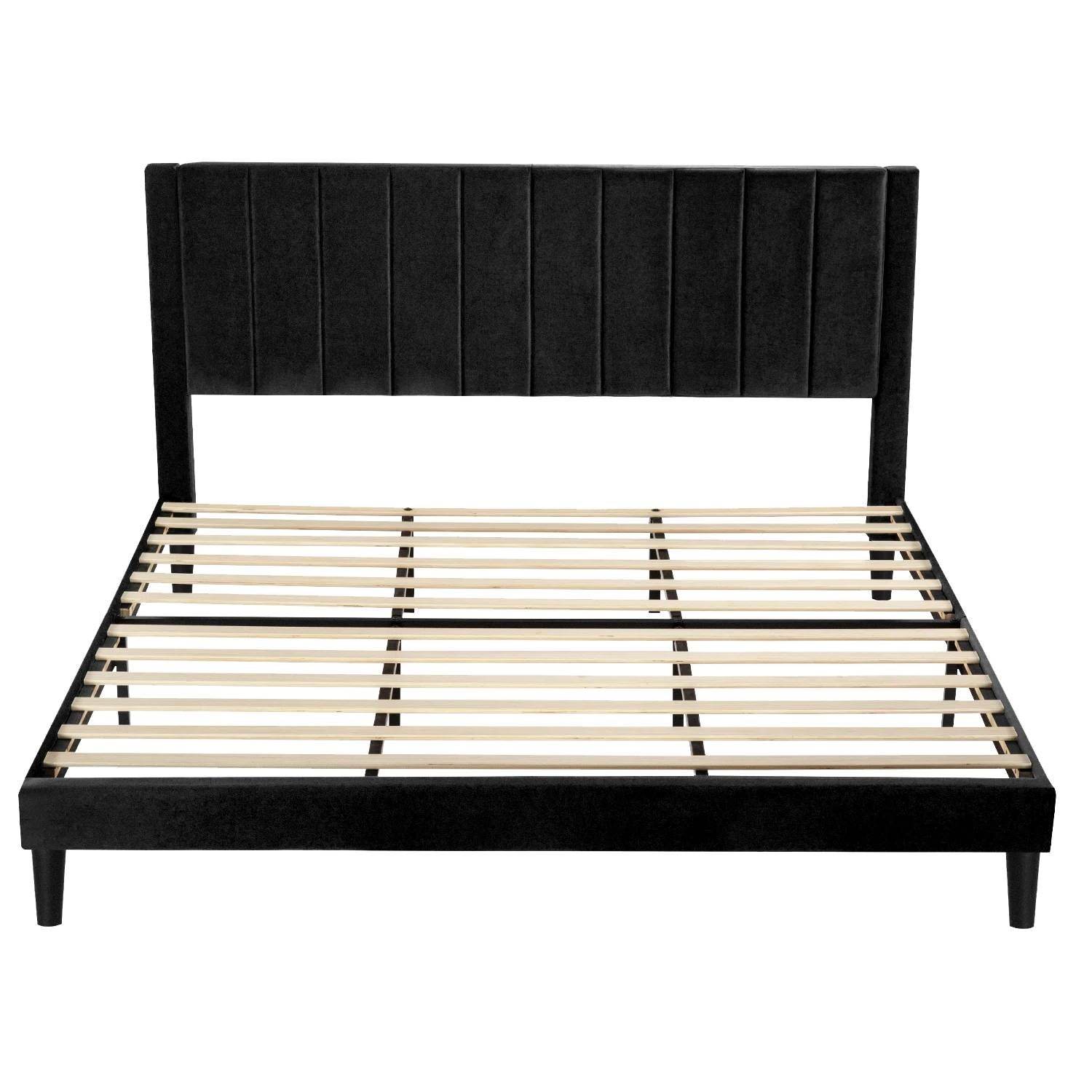 King size Modern Black Velvet Upholstered Platform Bed with Headboard - Loft&Timber