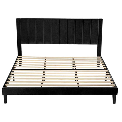 King size Modern Black Velvet Upholstered Platform Bed with Headboard - Loft&Timber
