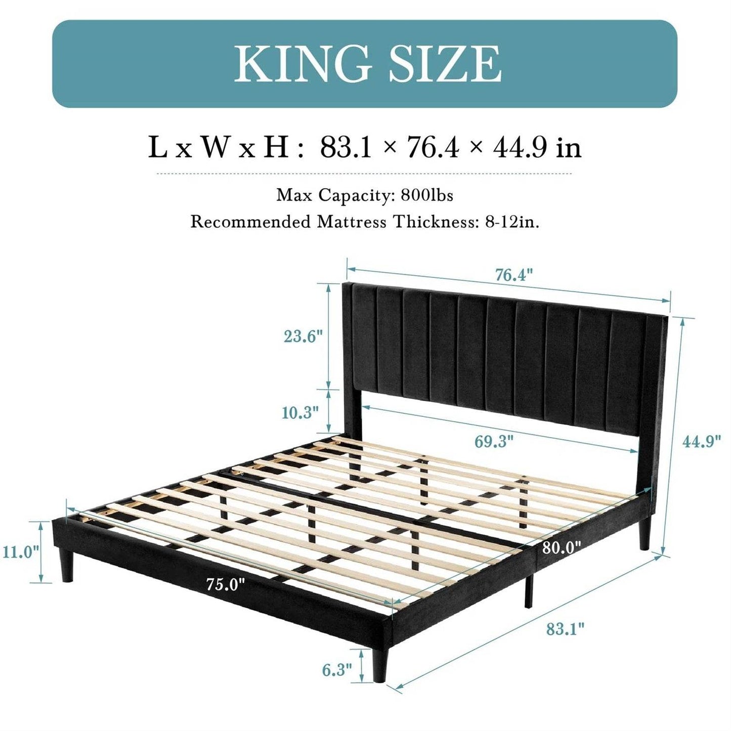 King size Modern Black Velvet Upholstered Platform Bed with Headboard - Loft&Timber