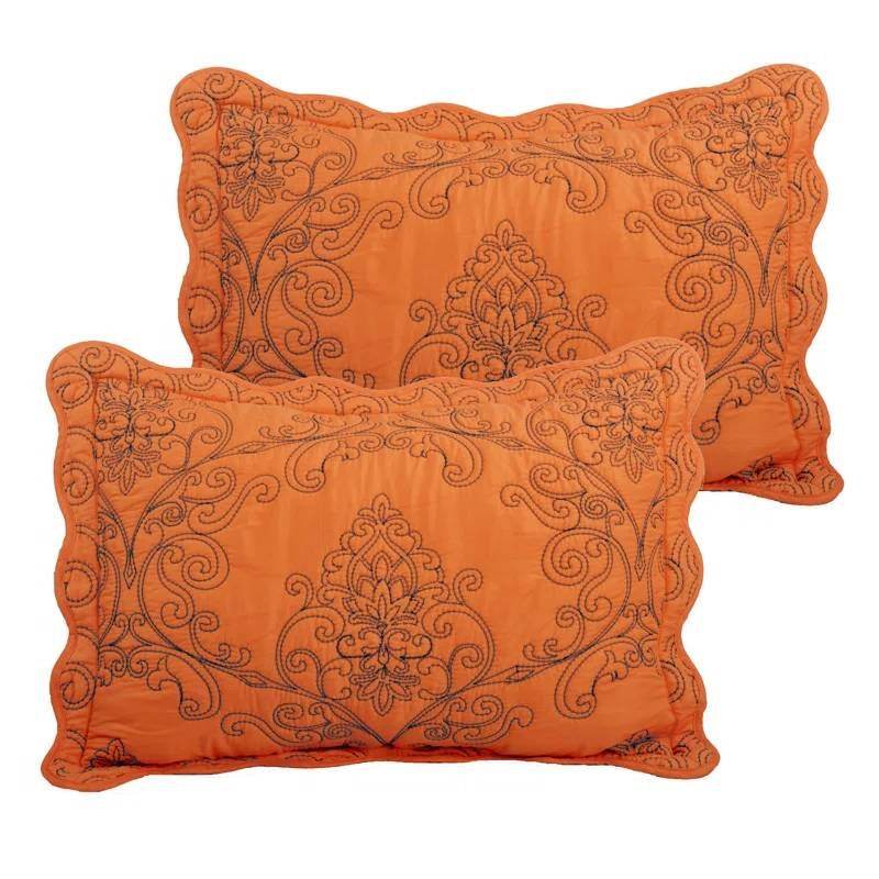 King size Orange Nectarine Damask Embroidered 4 Piece Oversized Bedspread Set - Loft&Timber