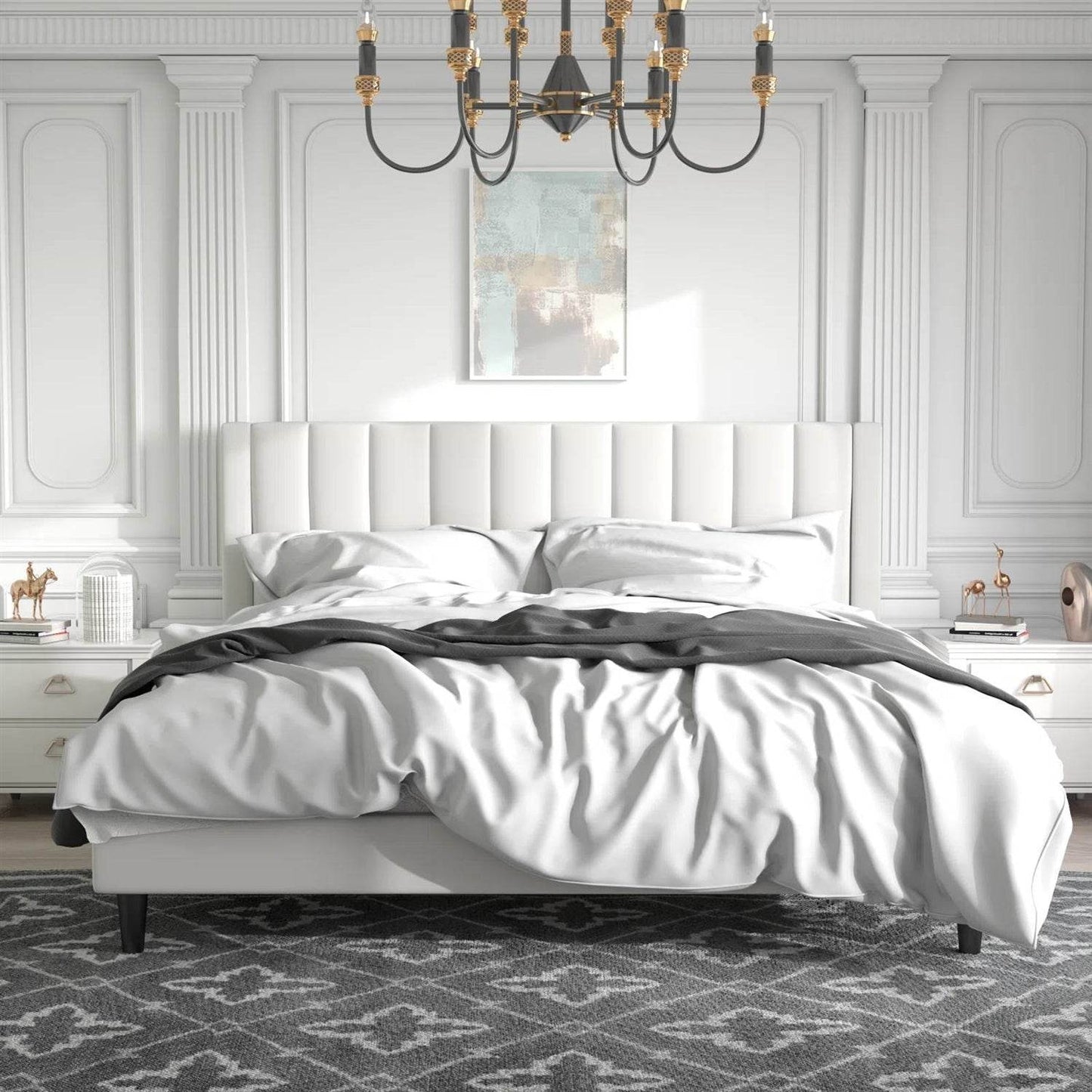 King size White Velvet Upholstered Platform Bed Frame with Headboard - Loft&Timber