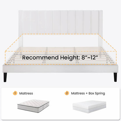 King size White Velvet Upholstered Platform Bed Frame with Headboard - Loft&Timber