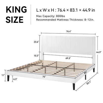 King size White Velvet Upholstered Platform Bed Frame with Headboard - Loft&Timber