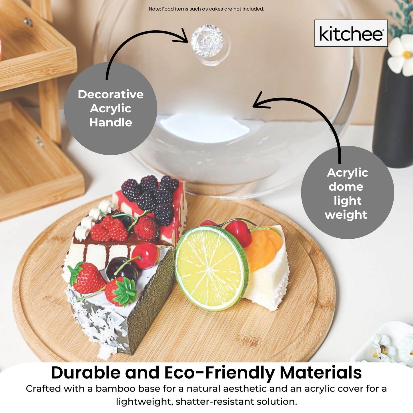Kitchee 30cm Bamboo Cake Stand + Dome Acrylic Cover - Dessert Display Plate - Loft&Timber