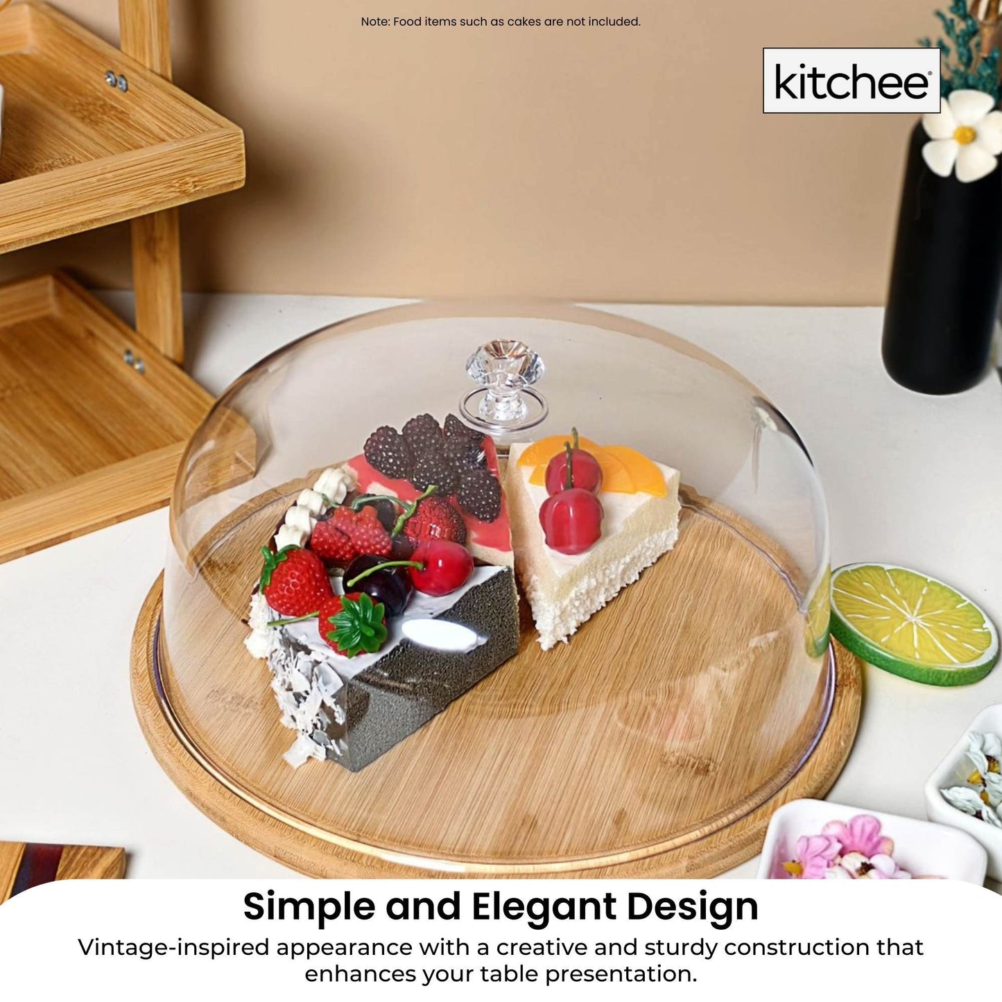 Kitchee 30cm Bamboo Cake Stand + Dome Acrylic Cover - Dessert Display Plate - Loft&Timber