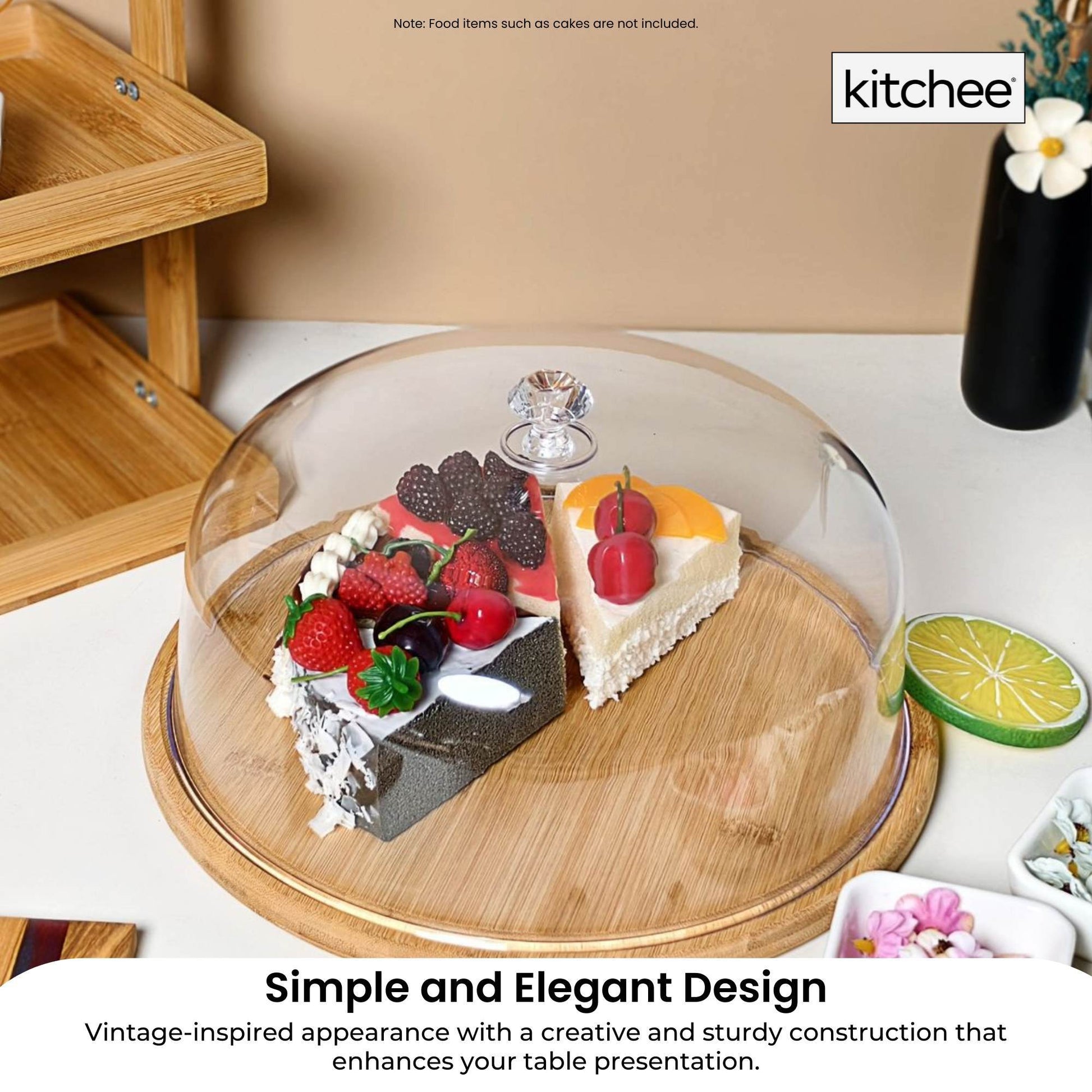 Kitchee 30cm Bamboo Cake Stand + Dome Acrylic Cover - Dessert Display Plate - Loft&Timber