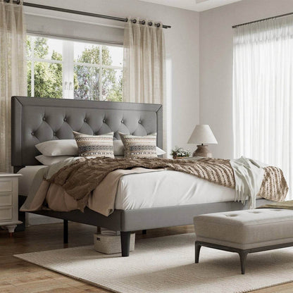 Full size Grey Linen Upholstered Platform Bed Frame with Button-Tufted Headboard - Loft&Timber