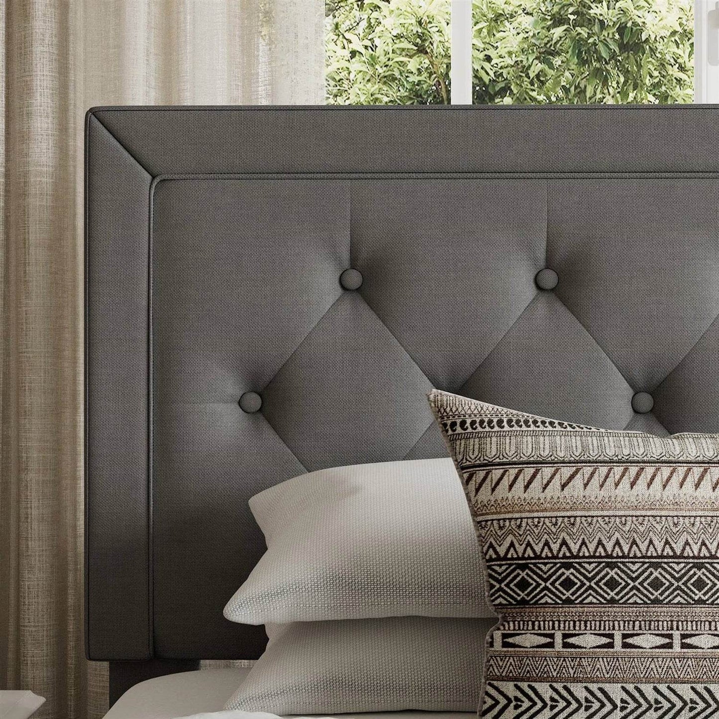 Full size Grey Linen Upholstered Platform Bed Frame with Button-Tufted Headboard - Loft&Timber