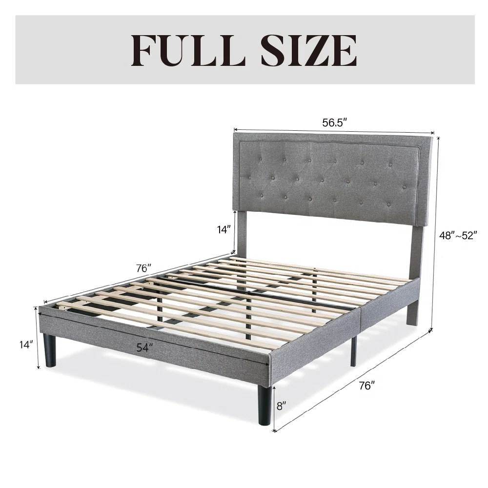 Full size Grey Linen Upholstered Platform Bed Frame with Button-Tufted Headboard - Loft&Timber