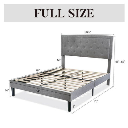 Full size Grey Linen Upholstered Platform Bed Frame with Button-Tufted Headboard - Loft&Timber